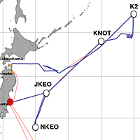 赤の●が、2012年6月24日5:30時点の「みらい」の位置。（赤い線が予定航路、青い線が実際の航路）