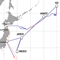 赤の◆が、2012年6月25日10:00時点の「みらい」の位置。（赤い線が予定航路、青い線が実際の航路）