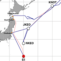 赤の●が、2012年6月27日1:40時点の「みらい」の位置。（赤い線が予定航路、青い線が実際の航路）
