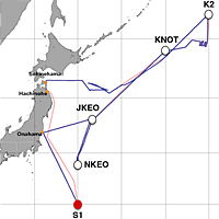 赤の●が、2012年6月28日5:10時点の「みらい」の位置。（赤い線が予定航路、青い線が実際の航路）