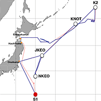 赤の●が、2012年7月2日5:20時点の「みらい」の位置。（赤い線が予定航路、青い線が実際の航路）
