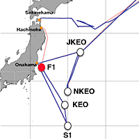 赤の●が、2012年7月8日5:20時点の「みらい」の位置。（赤い線が予定航路、青い線が実際の航路）