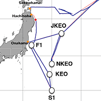 赤の◆が、2012年7月10日0:40時点の「みらい」の位置。（赤い線が予定航路、青い線が実際の航路）