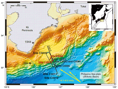 図1　南海トラフ地震発生帯掘削計画　調査海域図（本航海の関連掘削孔サイトを赤で表記）