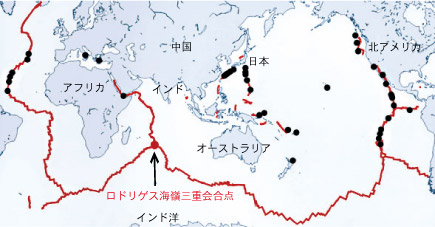 世界の海嶺とチムニーの分布図