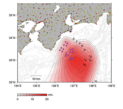 陸上の地震計に比べて、DONETが何秒速く地震をとらえるかを示します。