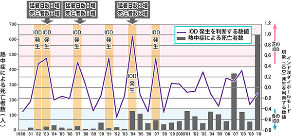 ※図6 熱中症による死亡者数、猛暑日数、インド洋ダイポールモードとの関係