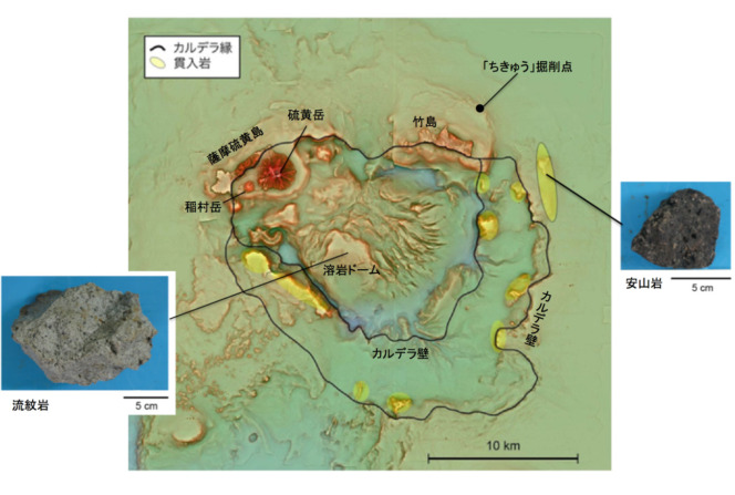 鬼界カルデラの中央に位置する溶岩ドームからは流紋岩カルデラ壁の北東に位置する場所からは安山岩が採取されたことを示す図