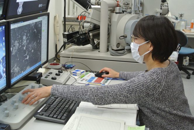 写真。長島がモニターを見ながら電子顕微鏡の操作を行う様子。