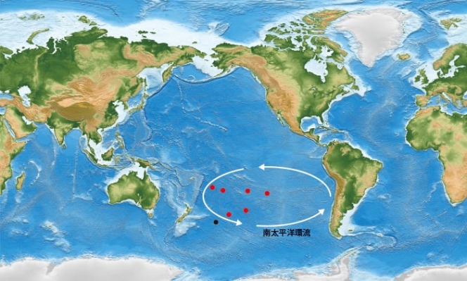 世界地図、オーストラリア大陸と南アメリカ大陸の間の南太平洋還流を示す。その内外で掘削地点を示している。