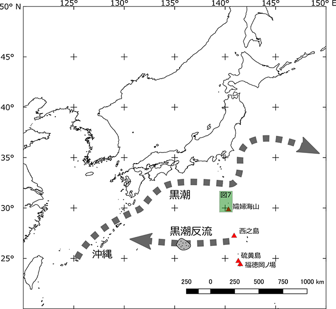 図４　伊豆・小笠原弧で活動を見せる火山と主な海流の位置関係