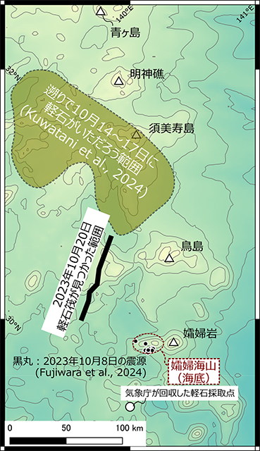 図７　2023年10月８日に孀婦海山で起きた地震の震源（一部）、10月20日に海上で見つかった軽石筏の分布、シミュレーションによって推定された10月14日～17日ごろの軽石の位置。軽石が北から南下してきていたことを示す