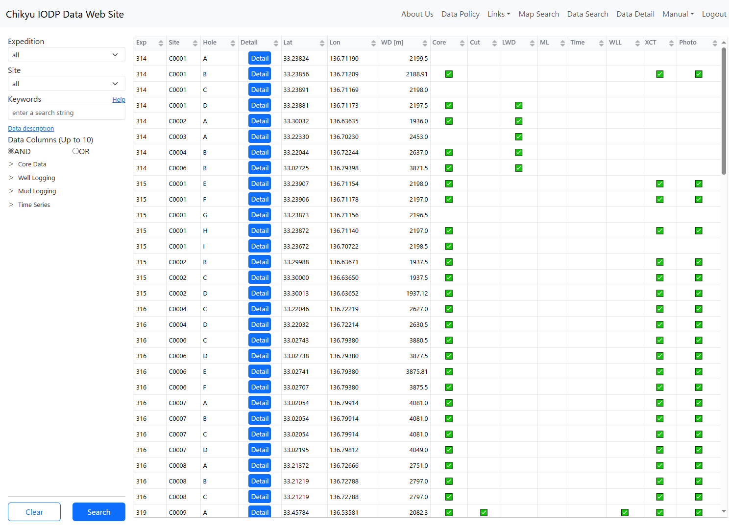 Data Search Screen Overview