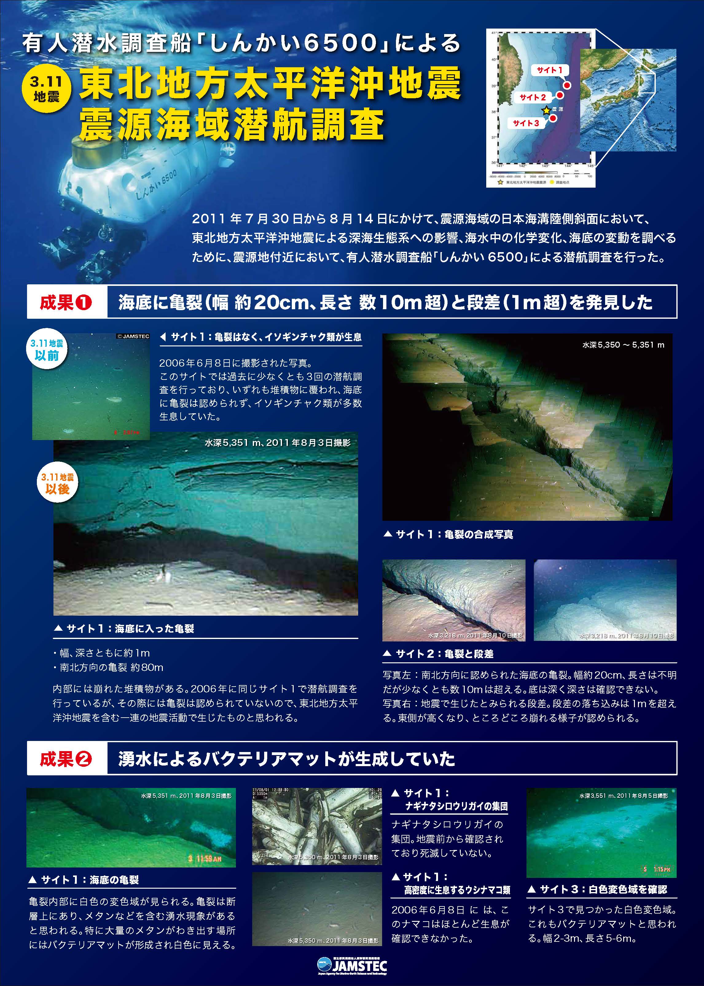 「しんかい6500」東北地方太平洋沖地震震源海域潜航調査