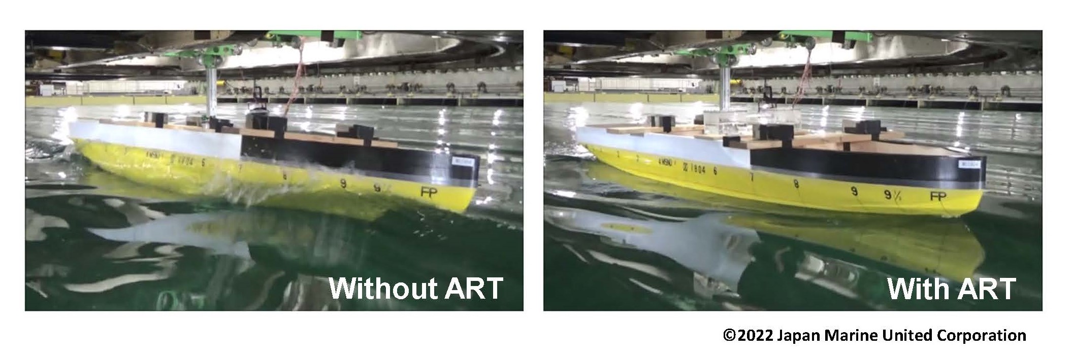 ＜Figure 6 : Roll motion tests in irregular beam wave with and without ART （SeaState5, Ship speed: 12knots equiv.）＞