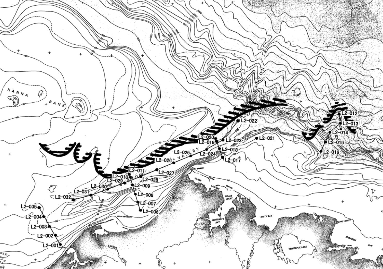 Figure 3. Map of observation points during R/V Mirai 1998 Arctic Cruise. Note that thick black lines show edges of sea ice during the cruise.