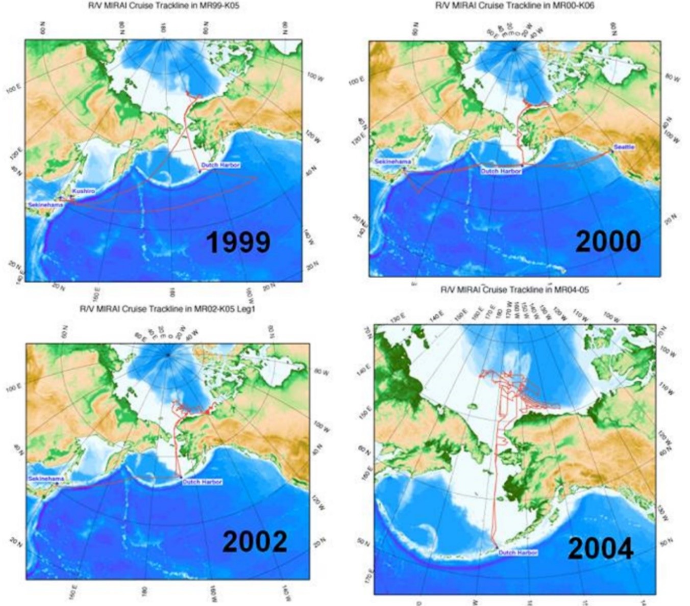 Figure 5. Trajectories of R/V Mirai Arctic cruise in 1999, 2000, 2002, and 2004.