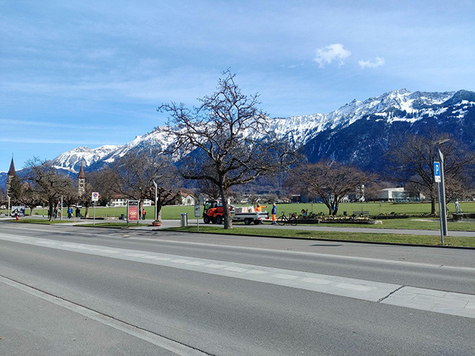 写真1：滞在したホテルから会場へ向かう道中の風景。インターラーケンは山歩きやスキーを目的とした国際的な観光地として知られている。